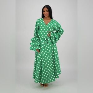 Green Ruffled Wrap Sundress with Bishop Sleeves